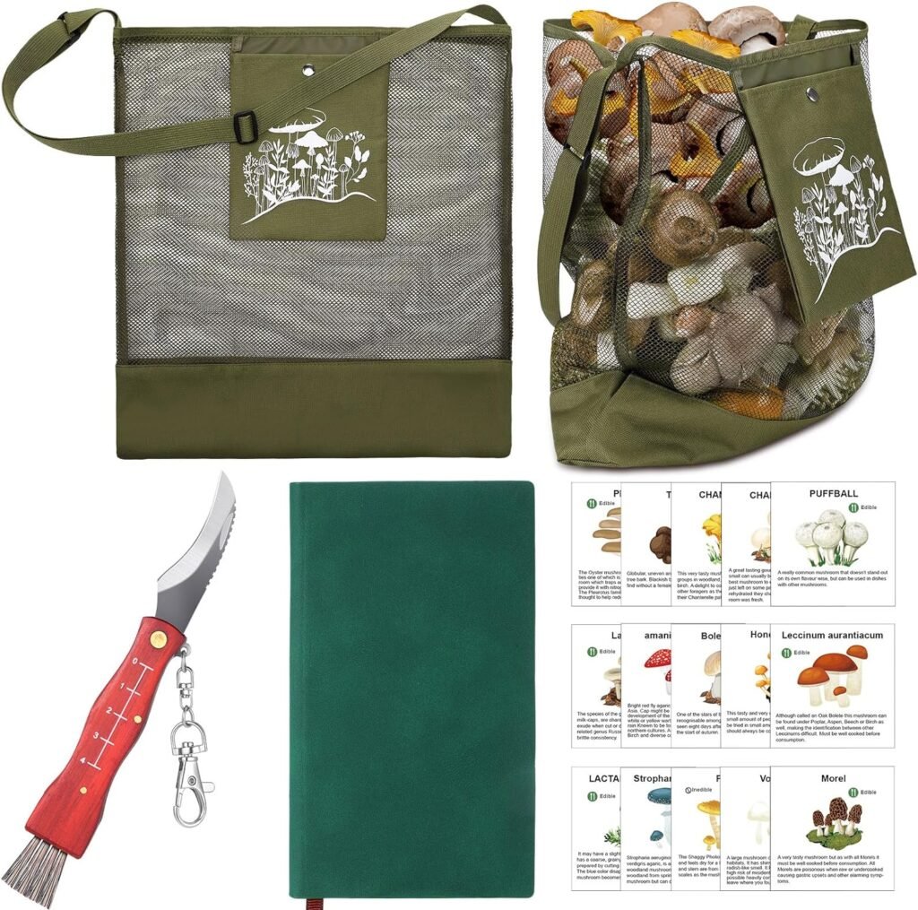 18 Pcs Mushroom Foraging Kit includes Hunting Bag, Brush Guide Cards and Notebook for Harvesting Mushroom(Army Green)