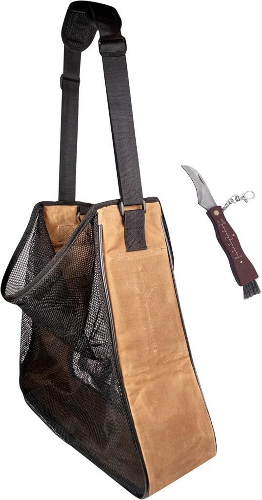 Large Waxed Canvas and Mesh Mushroom Foraging Kit with Pockets | Fruit Picking Bag for harvesting fruit and vegetables | Farmers Market Bag (Carob with Redwood Knife)