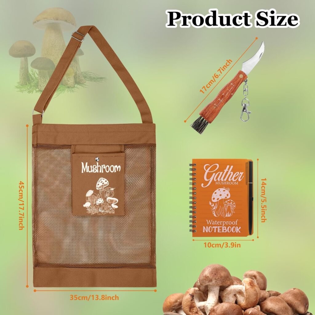 Mushroom Foraging Bag, Mushroom Growing Kit with Mesh Bag, Knife, Brush, Notebook, Adjustable Shoulder Strap for Mushroom Decor Lovers (Color2-Brown)