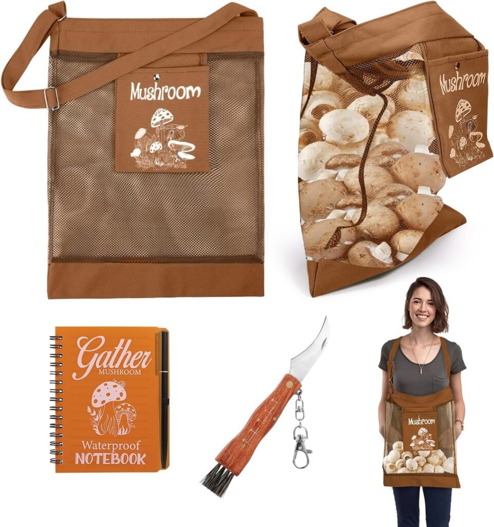 Mushroom Foraging Bag, Mushroom Growing Kit with Mesh Bag, Knife, Brush, Notebook, Adjustable Shoulder Strap for Mushroom Decor Lovers (Color2-Brown)