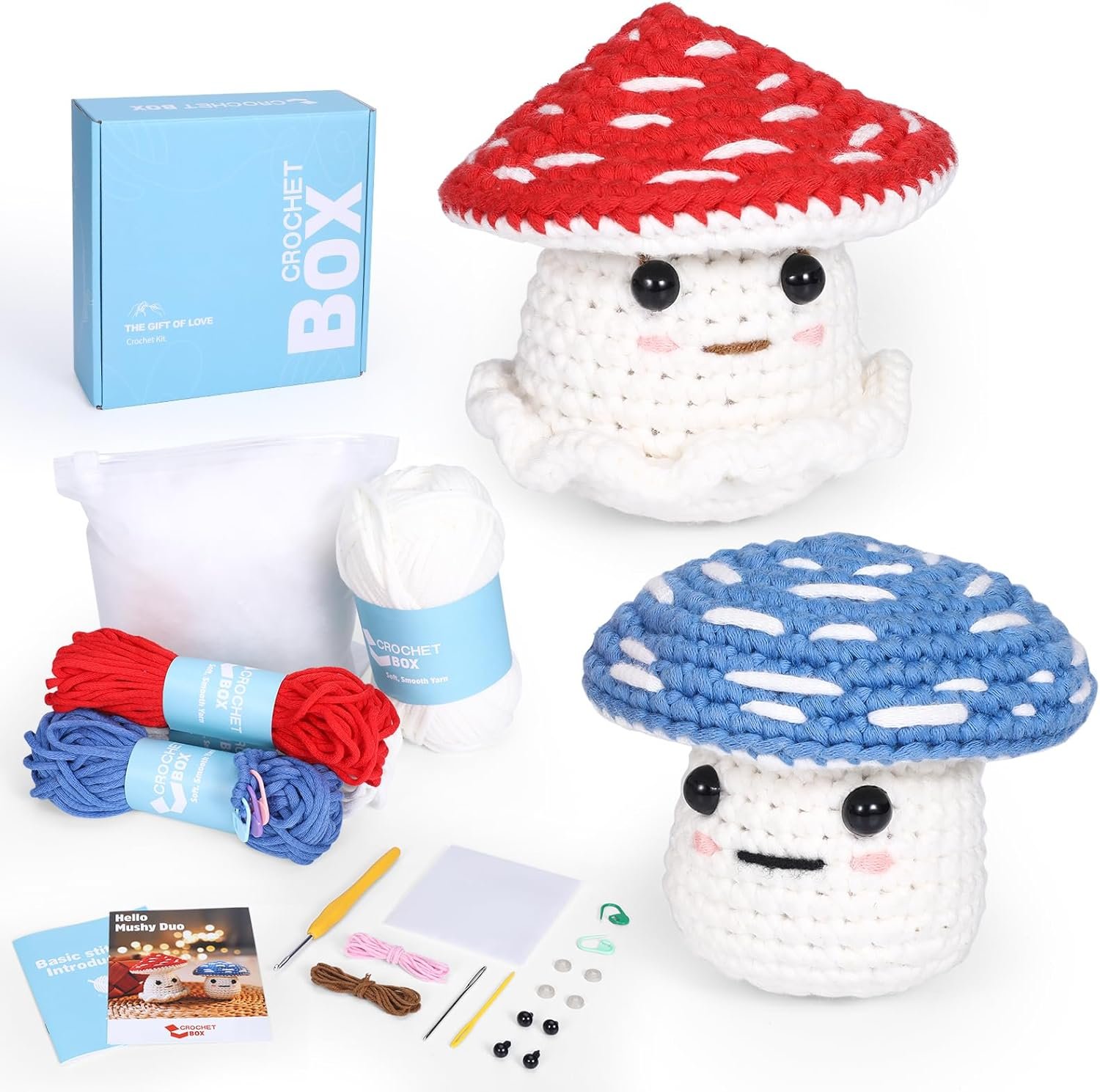 Crochet Kit for Beginners: 2 PCS Red  Blue Mushroom Starter Crochet Kits with Step-by-Step Video Tutorials and Yarns, Hook, Accessories, DIY Craft Gift for Adults and Kids(30%+ Yarn)