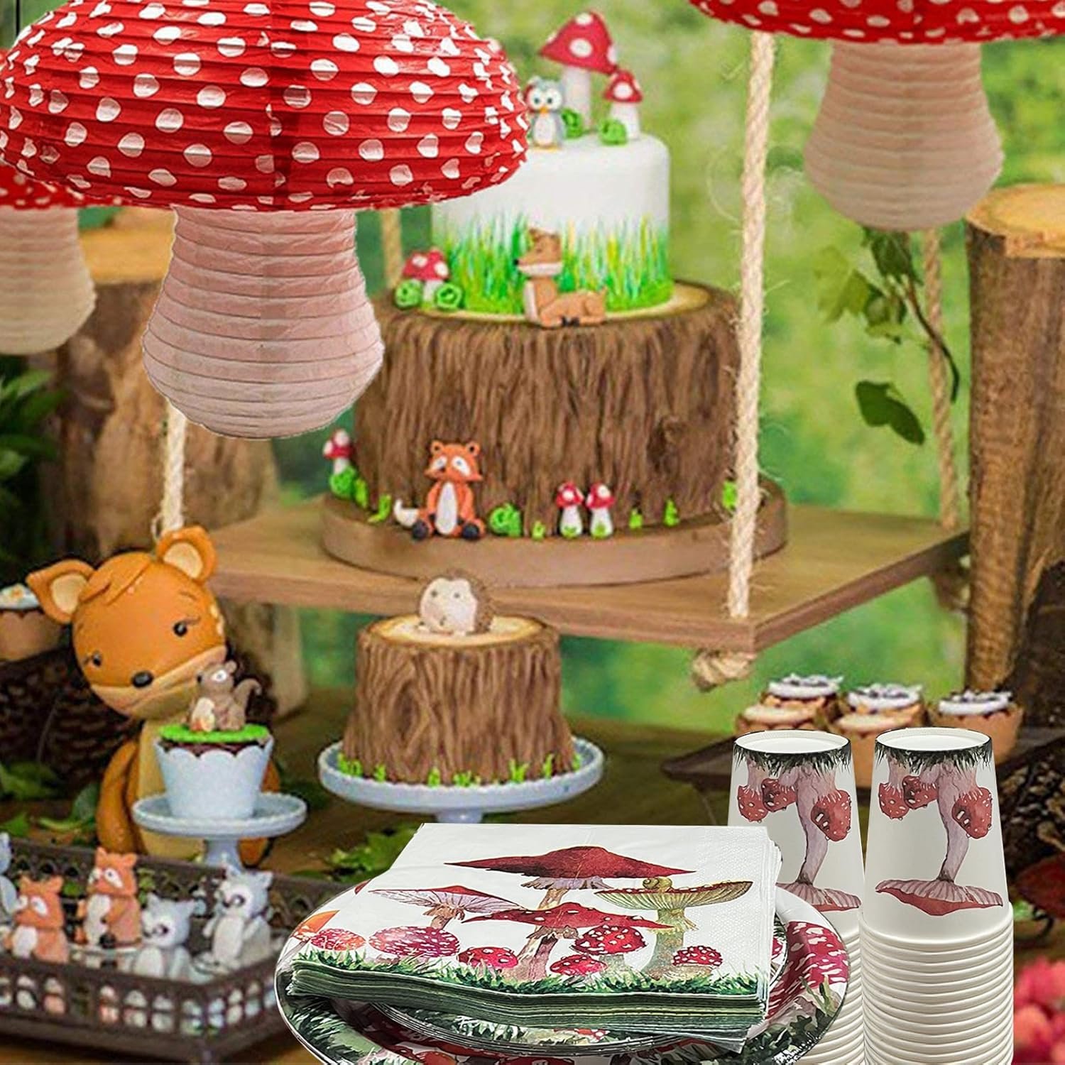 Cieovo Mushroom Party Pack, Serves 16 Guest -Including Dinner Plates, Luncheon Napkins and Cups Supply Tableware Set Kit for Mushroom Theme Birthday Party Decorations