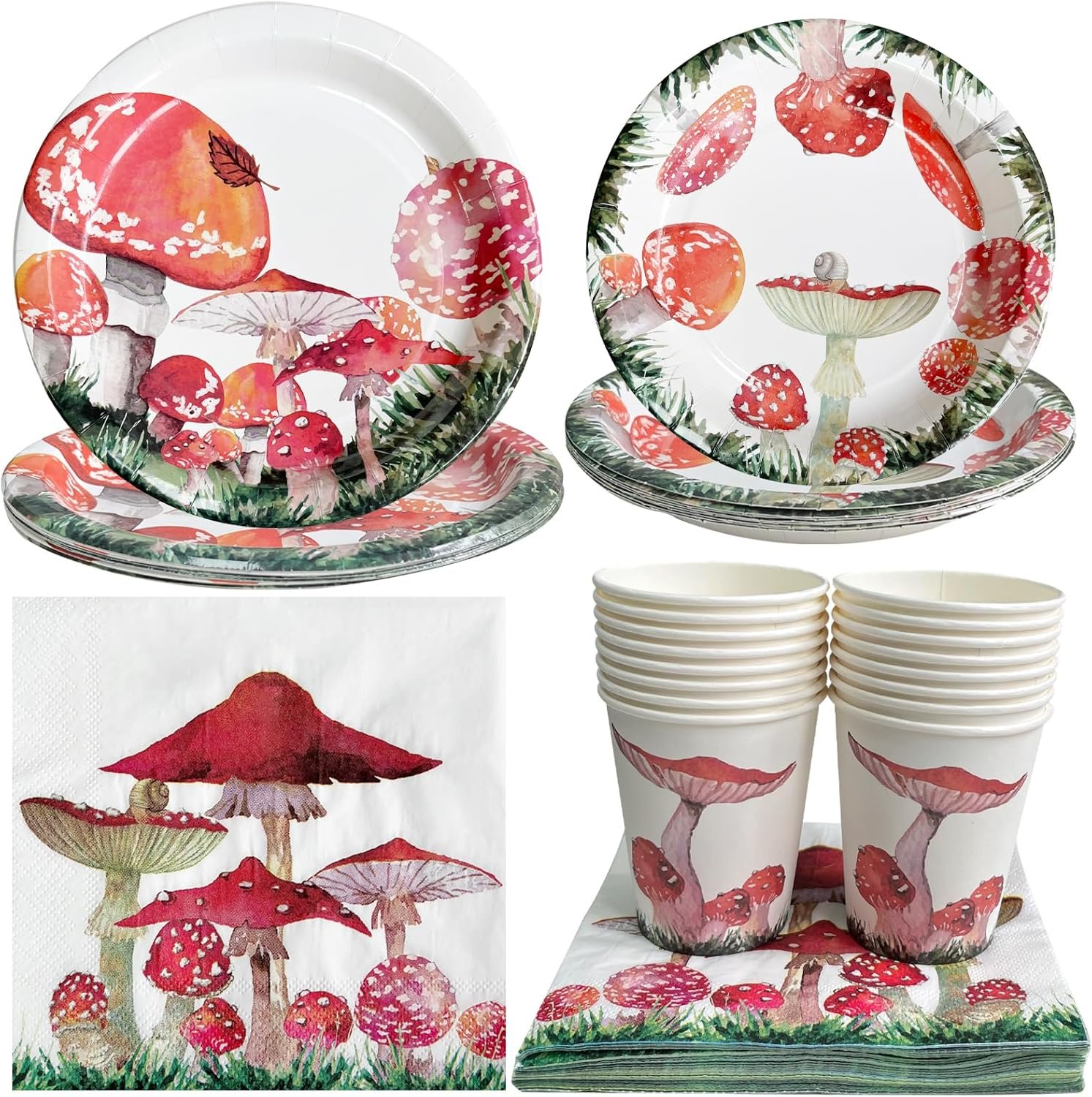 Cieovo Mushroom Party Pack, Serves 16 Guest -Including Dinner Plates, Luncheon Napkins and Cups Supply Tableware Set Kit for Mushroom Theme Birthday Party Decorations